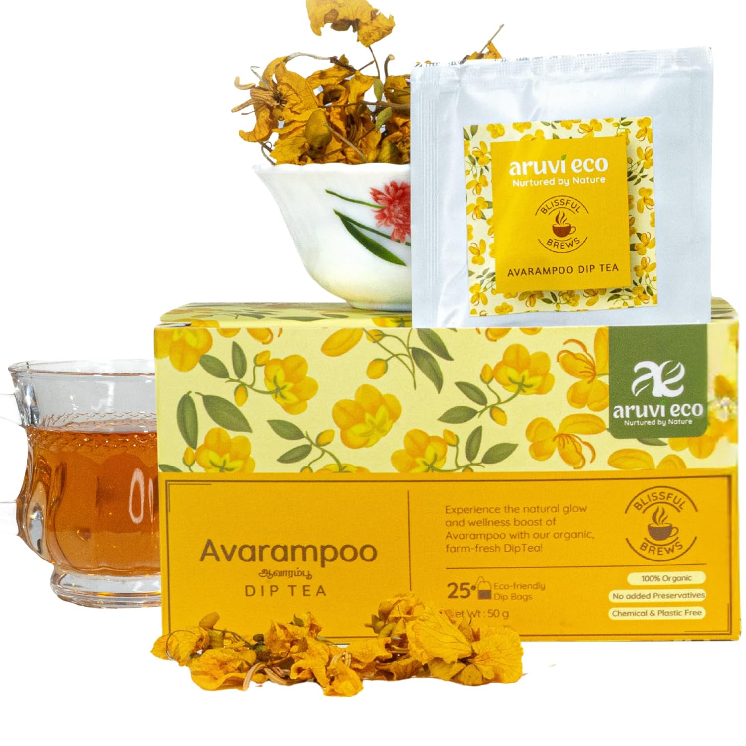 Aruvi Eco Avarampoo Dip Tea |  Supports Skin Glow, Hydration & Digestion( Pack of 25)-50g