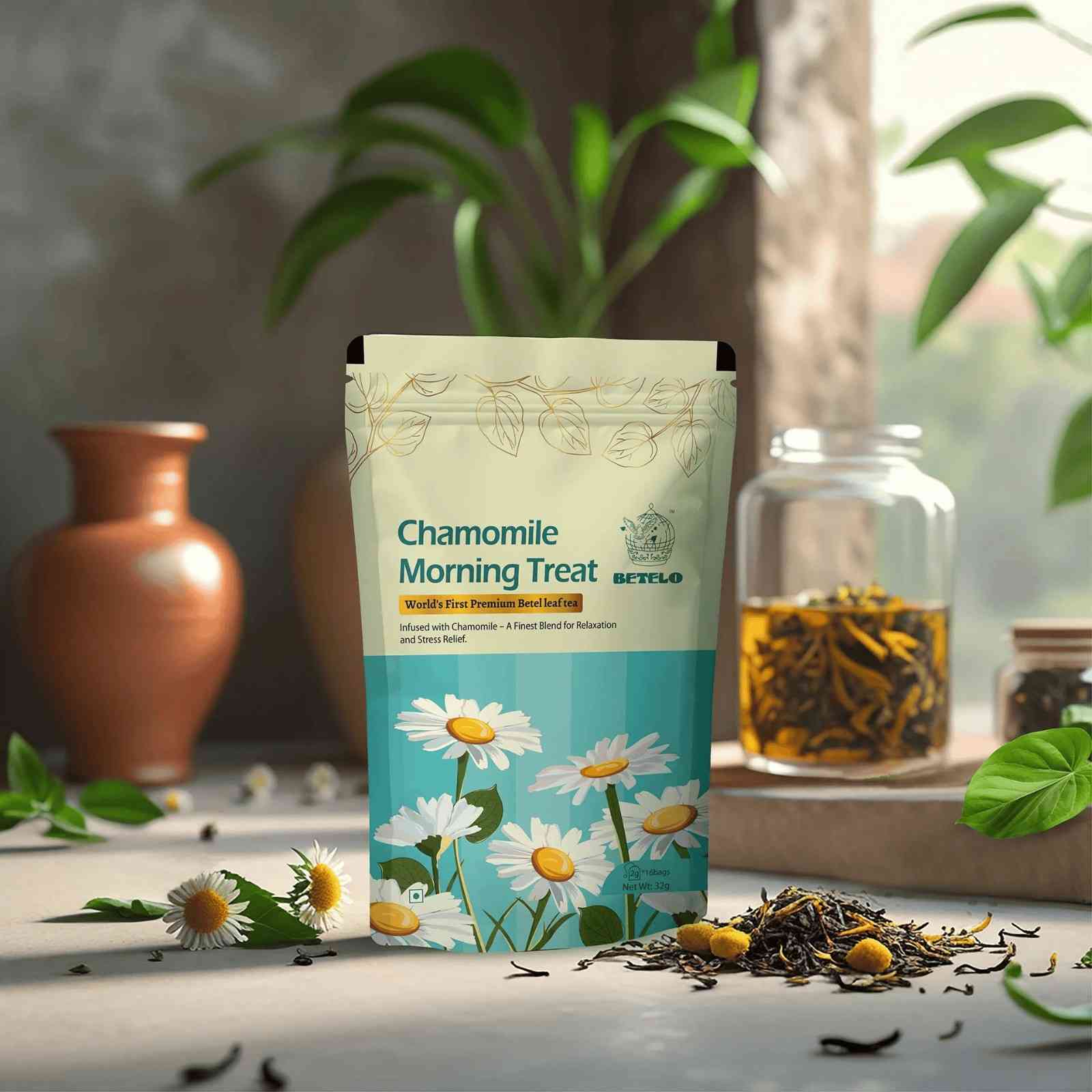 Betelo Chamomile Morning Treat | Chamomile & Betel Leaf Herbal Tea | 16 Pyramid Tea Bags (32g)