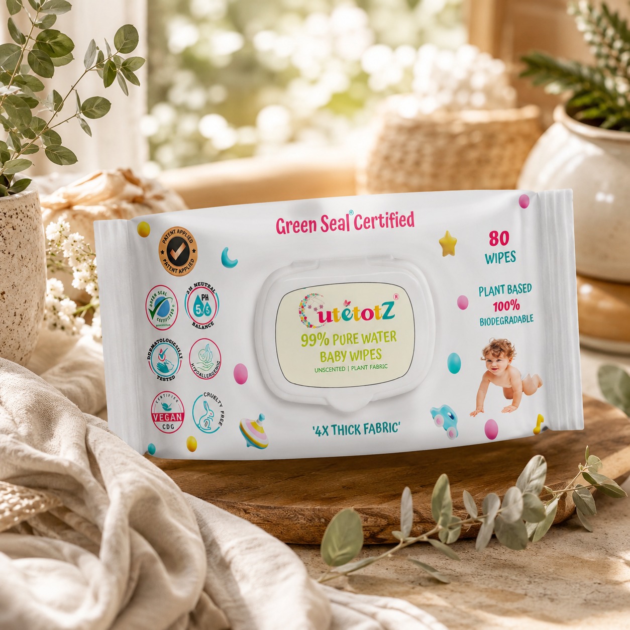 CutetotZ Baby Wipes – 99% Pure Water (80 wipes)