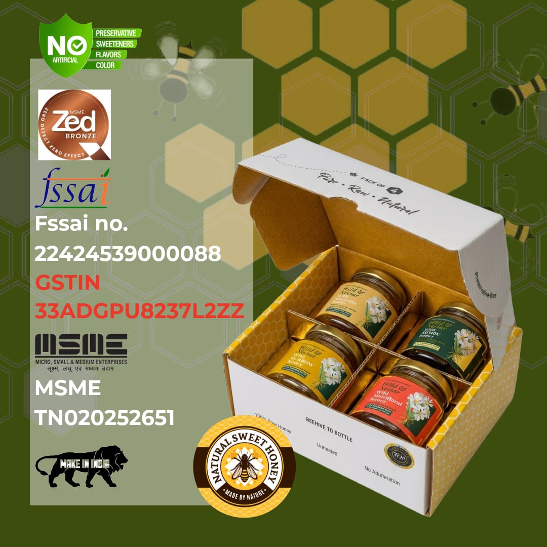 Wild & Nector 4-in-1 Raw Honey Gift Hamper (Wild Mountain, Wild Burrow, Wild Kombu, Raw Multifloral) – 4x Jars (45g each)